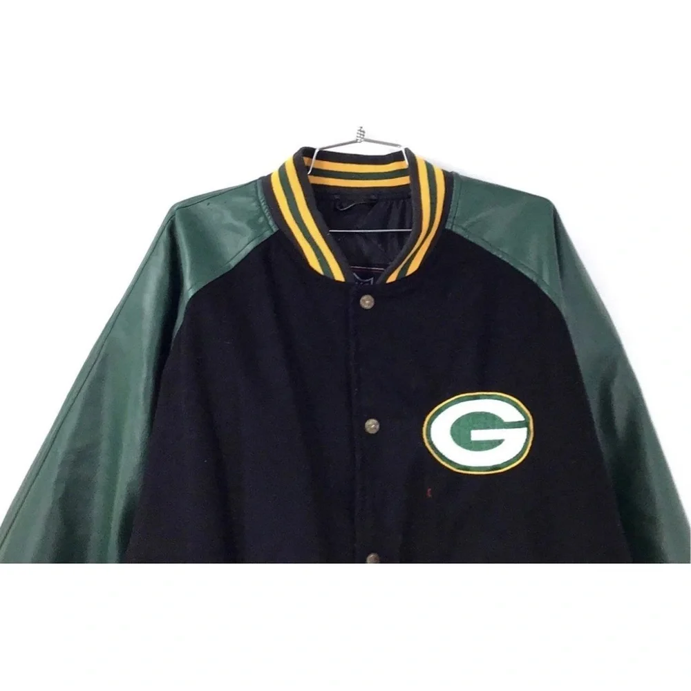 GUC NFL Men’s Black and Green Leather Sleeves Varsity Jacket - Sz XL